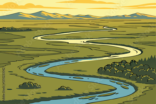 27 Aerial view, meandering river, lush green landscape, winding waterways, vast wilderness, bird's eye perspective, golden sunlight, intricate river patterns, blue water channels, untouched nature, ex