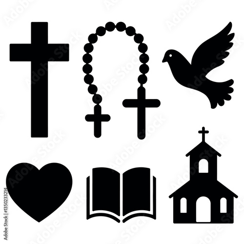 Christian symbols clip art vector illustration cross rosary dove heart bible church religion faith hope love