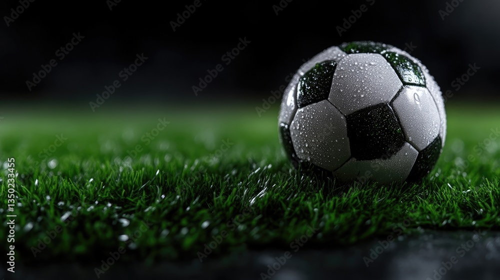 Fototapeta premium Wet soccer ball on a grassy field at night