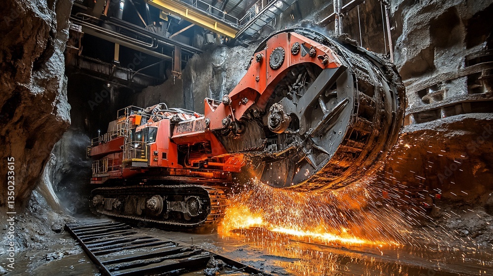 Fototapeta premium Industrial mining machine cutting through rock, sparks flying.