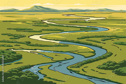 27 Aerial view, meandering river, lush green landscape, winding waterways, vast wilderness, bird's eye perspective, golden sunlight, intricate river patterns, blue water channels, untouched nature, ex