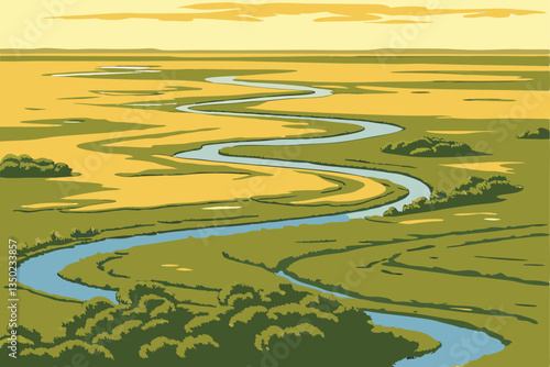 27 Aerial view, meandering river, lush green landscape, winding waterways, vast wilderness, bird's eye perspective, golden sunlight, intricate river patterns, blue water channels, untouched nature, ex