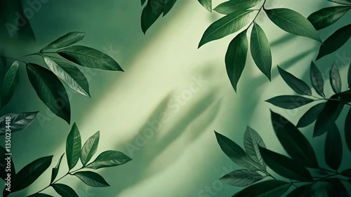 Lush green leaves casting shadows on a soft pastel background
