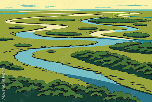28 Aerial view of meandering river, lush green landscape, blue lagoons, intricate water patterns, Pantanal wetlands, Brazil, aerial photography, bird's eye perspective, vibrant colors, natural wonder,
