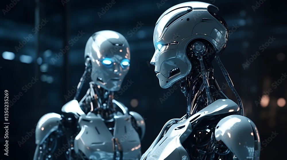 Futuristic ai two robots discussing high resolution images Futuristic ai two robots discussing high resolution images