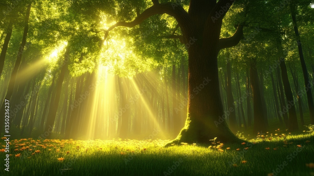 Obraz premium Sunlight streams through a lush forest, illuminating a tranquil glade