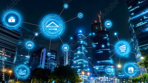 Smart city technology connecting buildings with secure digital network