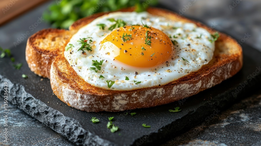 Sunny-side up egg on toasted bread, seasoned with pepper and parsley Sunny-side up egg on toasted bread, seasoned with pepper and parsley