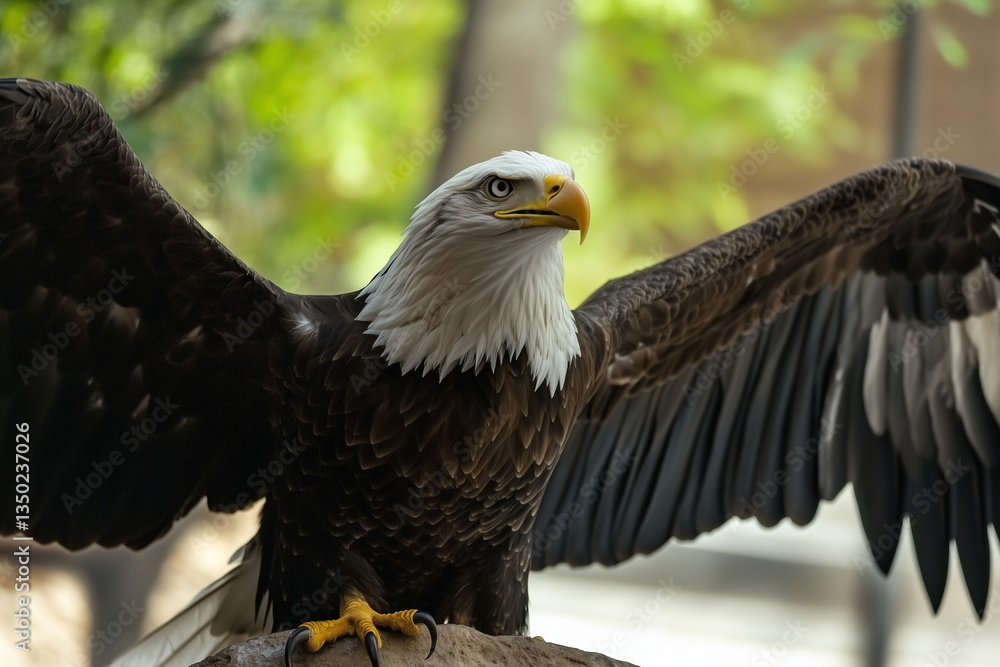 Obraz premium Close up of a bald eagle with its wings spread perched on a rock with a blurred green background