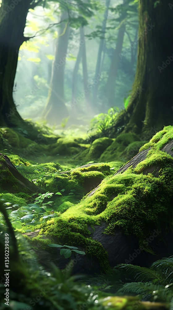 Bright green moss and ferns thriving in a shaded forest Bright green moss and ferns thriving in a shaded forest