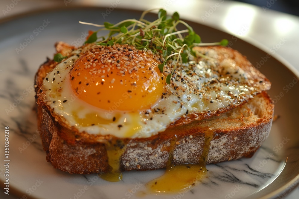 Delicious sunny-side up egg on crispy sourdough toast with microgreens Delicious sunny-side up egg on crispy sourdough toast with microgreens