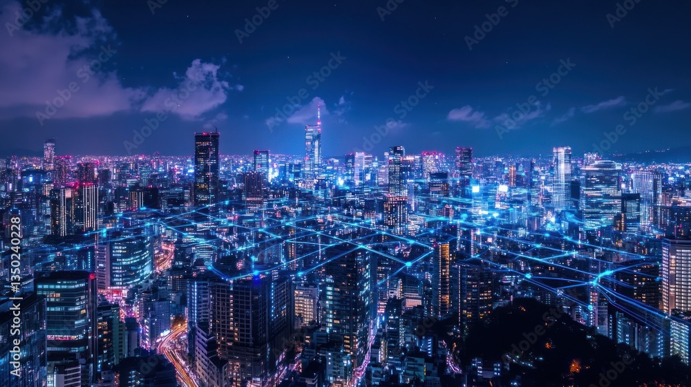 Fototapeta premium Night cityscape Tokyo futuristic connection aerial