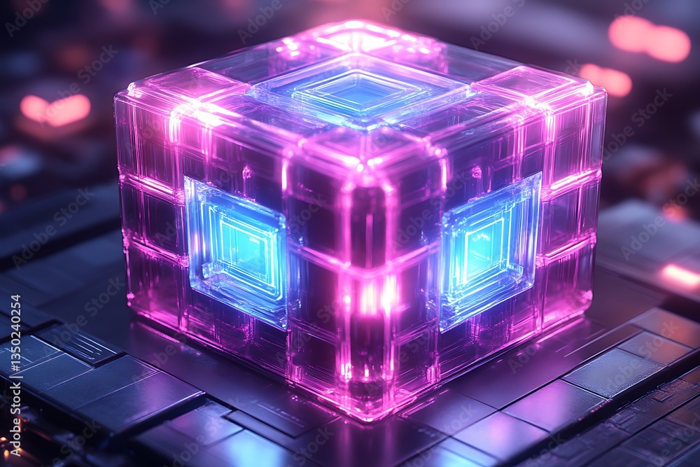 Glowing pink and blue cube on tech surface. Glowing pink and blue cube on tech surface.