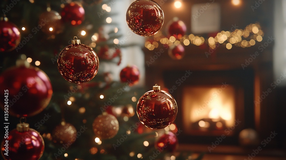 Ornaments hanging near tree and fireplace creating a warm holiday ambience Ornaments hanging near tree and fireplace creating a warm holiday ambience