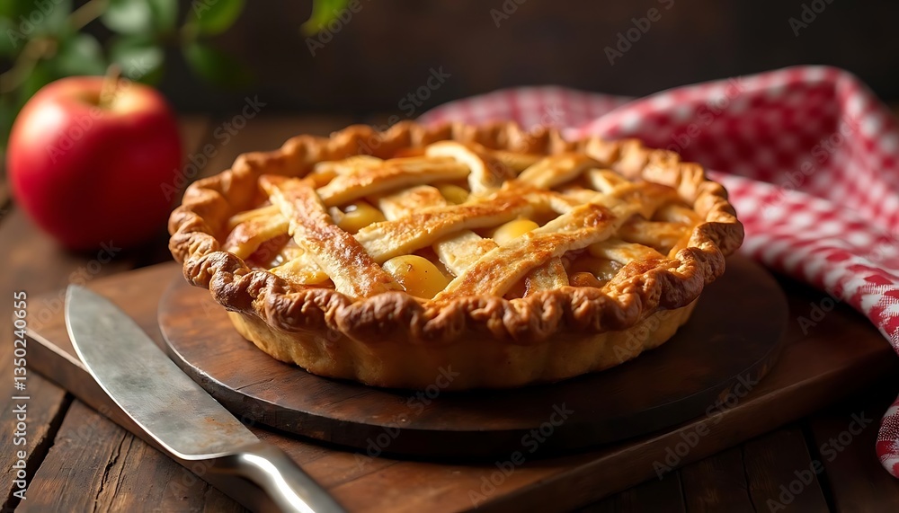 A close-up of a golden apple pie, showcasing the flaky crust and glistening fruit filling. A fork lies nearby on a wooden cutting board. A close-up of a golden apple pie, showcasing the flaky crust and glistening fruit filling. A fork lies nearby on a wooden cutting board.