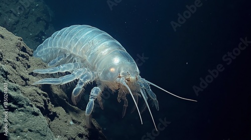 A giant amphipod crawling near a deep-sea trench, its translucent body reflecting light