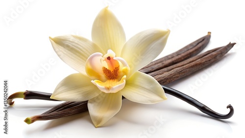 Vanilla Flower and Beans on White Background