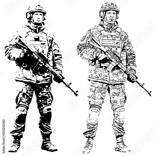 Black and White Ukraine Army Art Ilustration, standing with complete uniform, holding gun, With a gaze directed to the right.