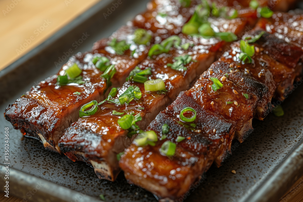 Sticky spareribs with scallions served on a dark slate platter Sticky spareribs with scallions served on a dark slate platter