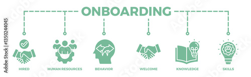 Onboarding banner web icon illustration concept for human resources business industry to introduce newly hired employee into an organization with behavior, welcome, knowledge, and skills icon