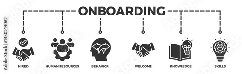 Onboarding banner web icon illustration concept for human resources business industry to introduce newly hired employee into an organization with behavior, welcome, knowledge, and skills icon