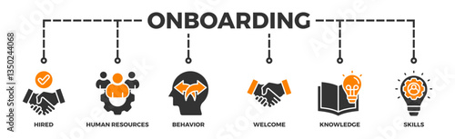 Onboarding banner web icon illustration concept for human resources business industry to introduce newly hired employee into an organization with behavior, welcome, knowledge, and skills icon