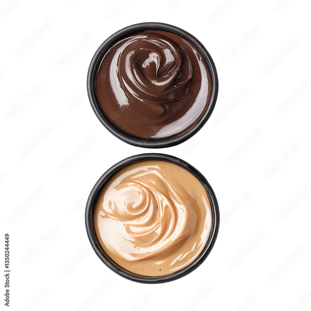 Top view of two black bowls filled with mousse chocolate and peanut, with a smooth and swirled texture, isolated on a transparent background Top view of two black bowls filled with mousse chocolate and peanut, with a smooth and swirled texture, isolated on a transparent background