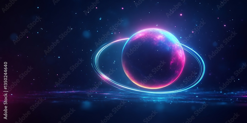 Obraz premium Glowing planet with neon ring.