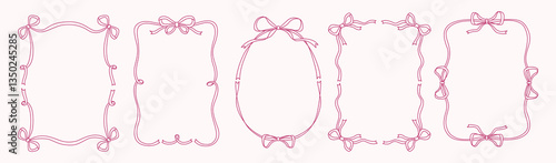 Set of coquette retro frame with bows, wavy lines, ribbons in doodle style. Pretty border ribbon shapes with space for text. Set vector illustration for cute cards, invitation, social media, poster