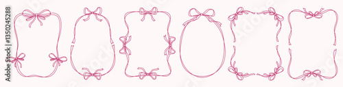 Vintage ribbon bows frames in doodle style. Pretty border with ribbon shapes with space for text. Set vector illustration for cute cards, invitation, social media, poster