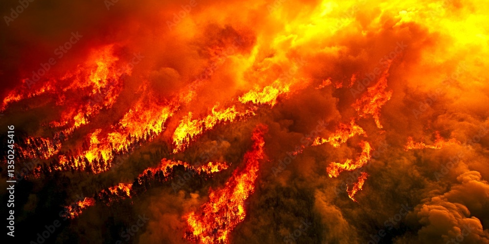 Obraz premium A dramatic aerial view of a forest fire with bright flames and smoky skies. The intense orange and red colors evoke a sense of urgency. Perfect for environmental awareness themes. AI