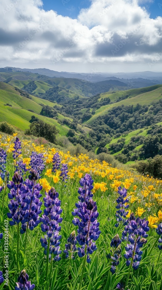 Fototapeta premium Vibrant flowers in a lush valley
