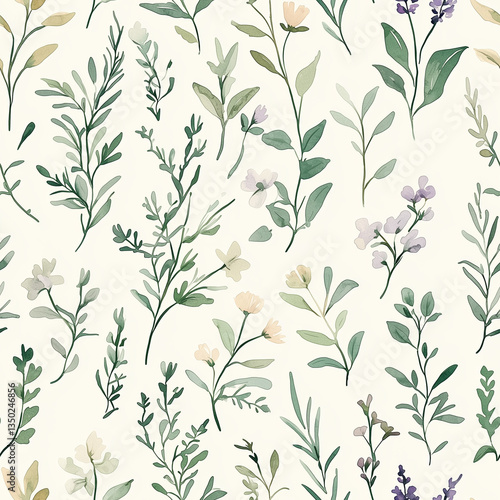 Seamless Watercolor Pattern of Wild Herbs and Flowers