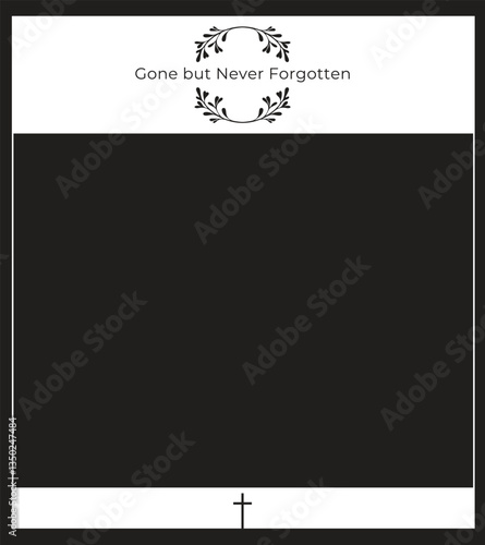 Sacred Memory Funeral Invitation Featuring Subtle Divine Background, Framed Edges with Religious Symbols, Leaf Motifs, and Dedicated Space for Blessing and Photo
