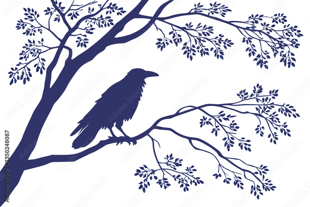 Obraz premium Minimalist Crow on Branch Vector Silhouette - White Background