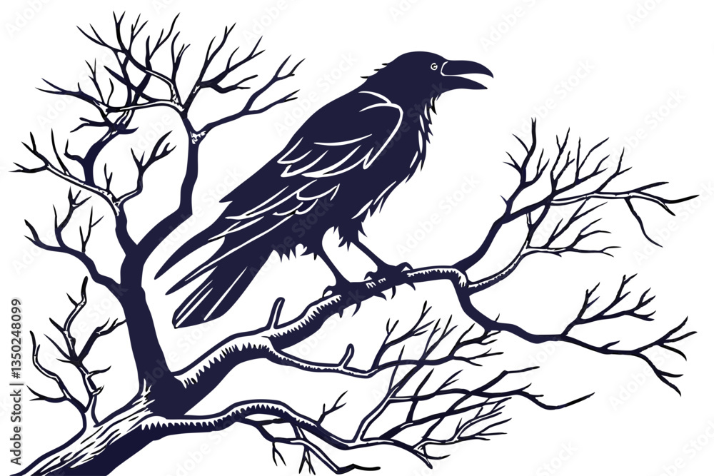 Fototapeta premium Minimalist Crow on Branch Vector Silhouette - White Background