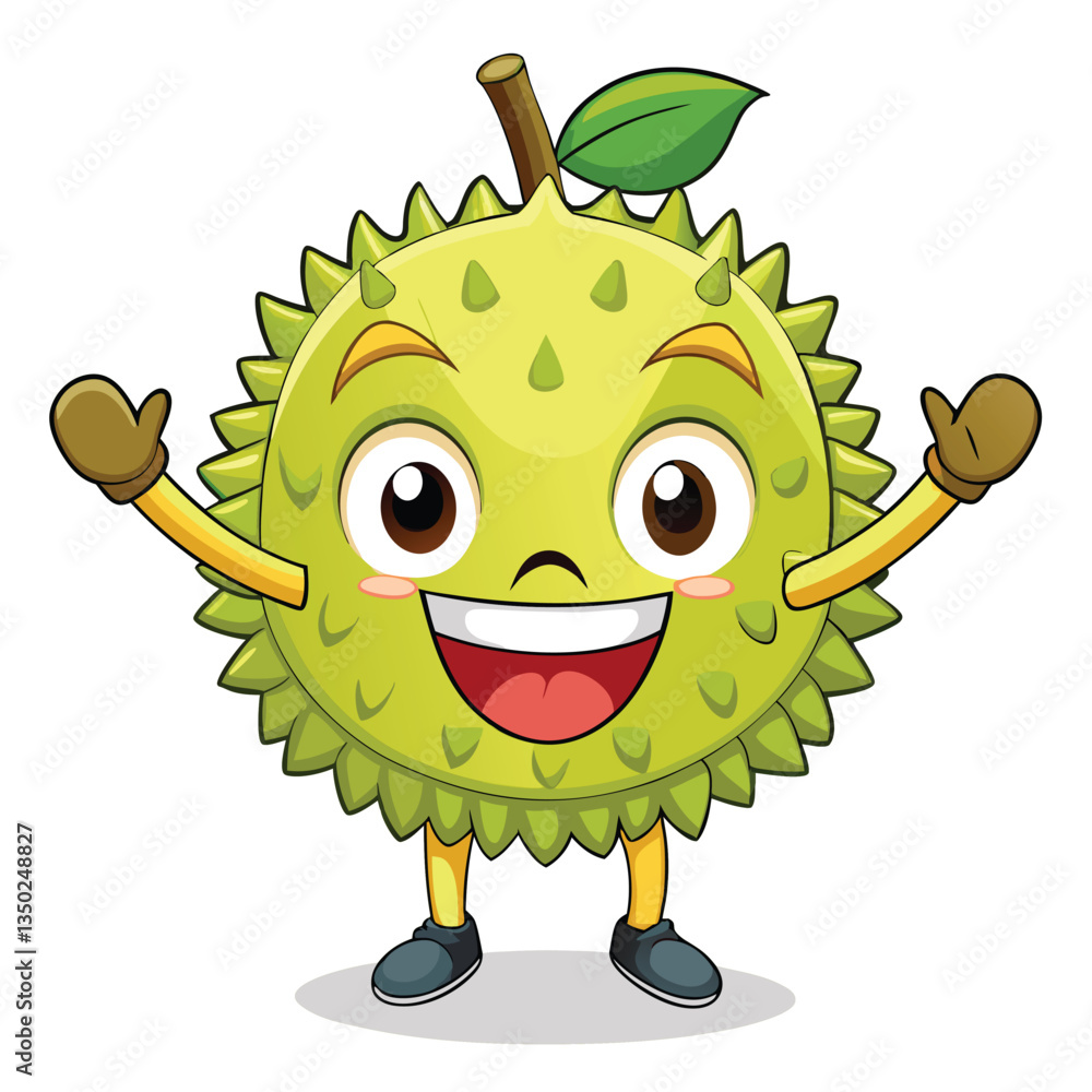 Cheerful cartoon durian fruit character with spiky skin, happy expression, and arms raised Cheerful cartoon durian fruit character with spiky skin, happy expression, and arms raised