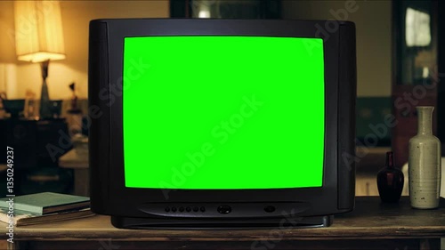 Green screen TV old retro for video masking, vintage retro green screen television for mockup displays TV, glitch effect when zooming green screen against a nostalgic backdrop with chroma key