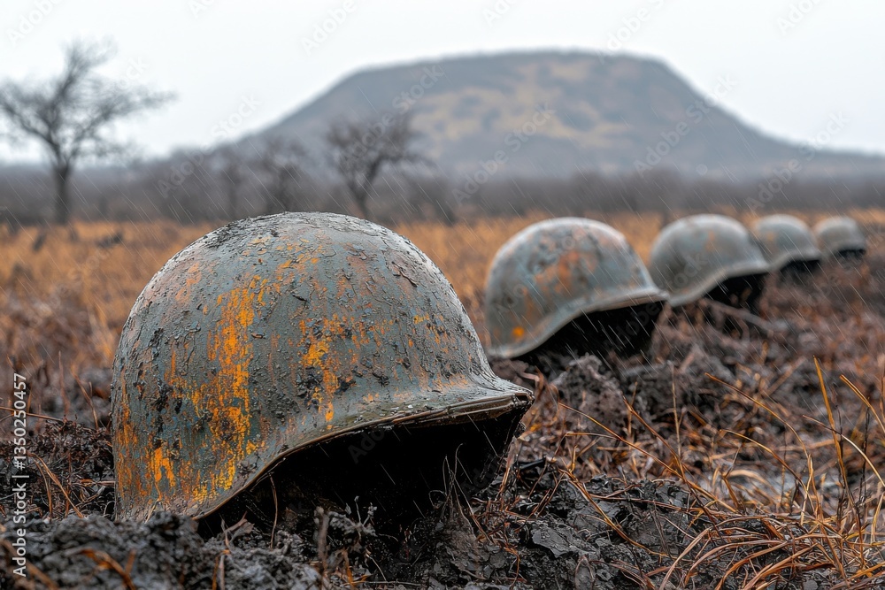 Fototapeta premium Eroded helmets line a muddy landscape under rainfall near a distant hill during a gray afternoon