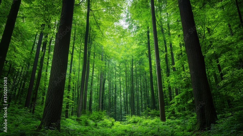 Obraz premium Lush Green Forest Canopy with Tall Trees and Dense Underbrush Under Natural Light in a Serene Environment