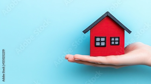 Hand holding a red model house against a light blue background. Possible use Illustrative image for real estate, homeownership, or property investment
