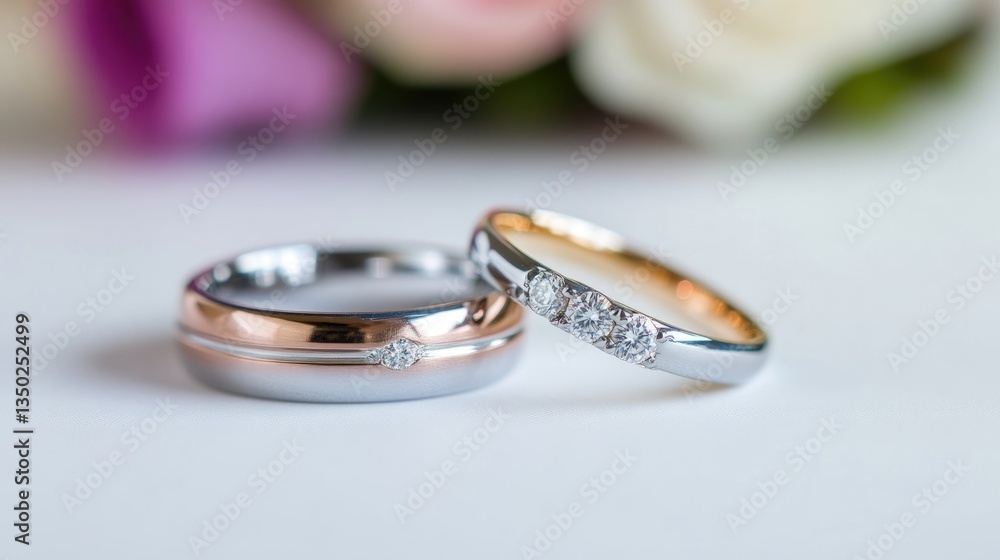 Delicate wedding bands, featuring a blend of rose gold and white metal, adorned with small diamonds. A close-up view, highlighting the intricate design and elegant details Delicate wedding bands, featuring a blend of rose gold and white metal, adorned with small diamonds. A close-up view, highlighting the intricate design and elegant details