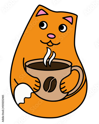 A cute red cat drinks coffee from a large cup - vector full-color picture. Red kitten with a cup of hot coffee, stylized image of the animal