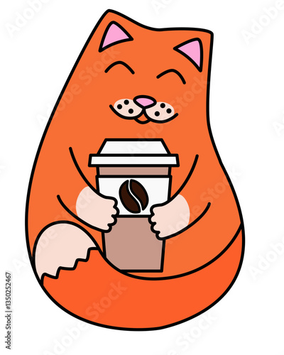 A cute red cat drinks coffee from a craft cup - vector full-color image. Red kitten with a glass of cappuccino, a stylized image of the animal	