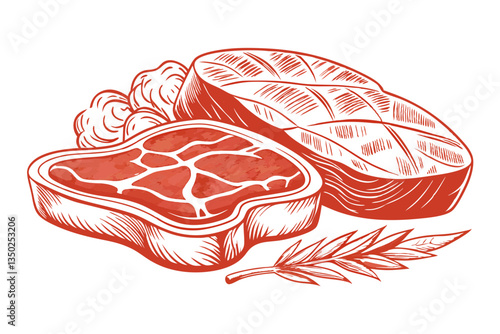 Sketch Engraved Style Illustration of Fresh Raw Meat Products