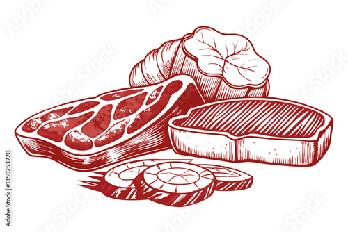 Sketch Engraved Style Illustration of Fresh Raw Meat Products