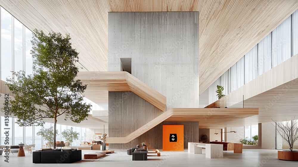 Modern, minimalist office lobby with wooden and concrete elements Modern, minimalist office lobby with wooden and concrete elements