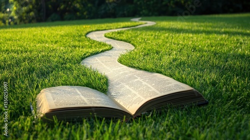 Winding book path, green grass, sunlight, forest background, education concept