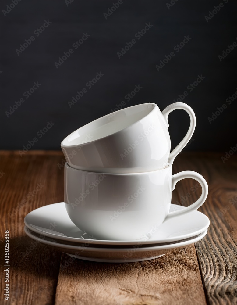 Stacked white ceramic cups on wooden table in rustic setting Stacked white ceramic cups on wooden table in rustic setting