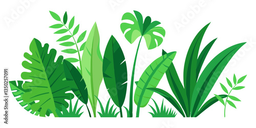 Tropical Green Grass and Leafy Jungle Foliage. A Natural Wonderland